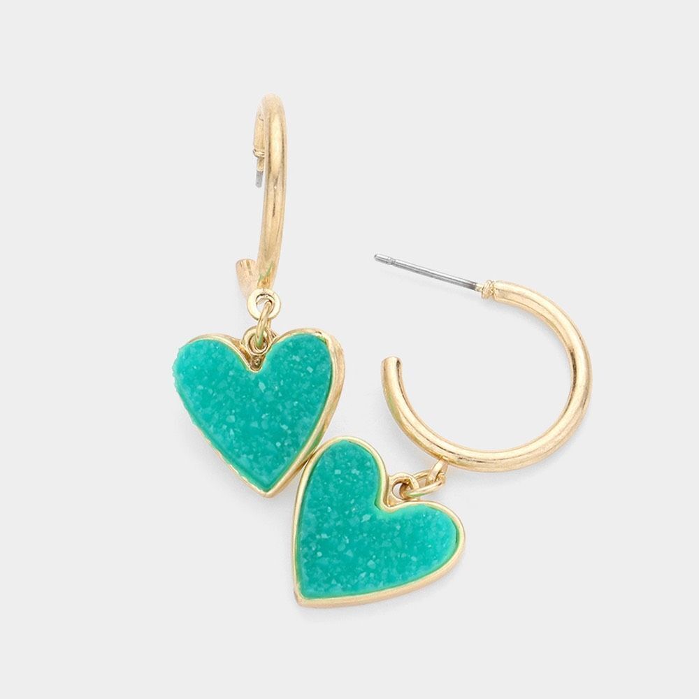 New Womens Boutique Half Hoop Dress Turquoise Druzy Heart Dangle Earrings